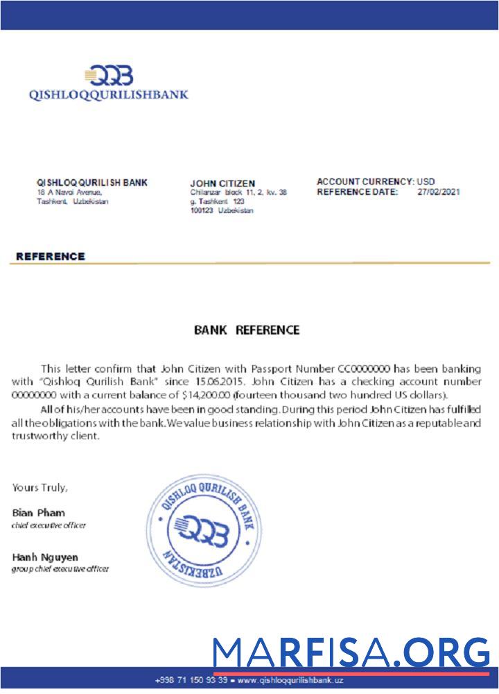 Blank Uzbekistan Qishloq Qurilish Bank reference sample